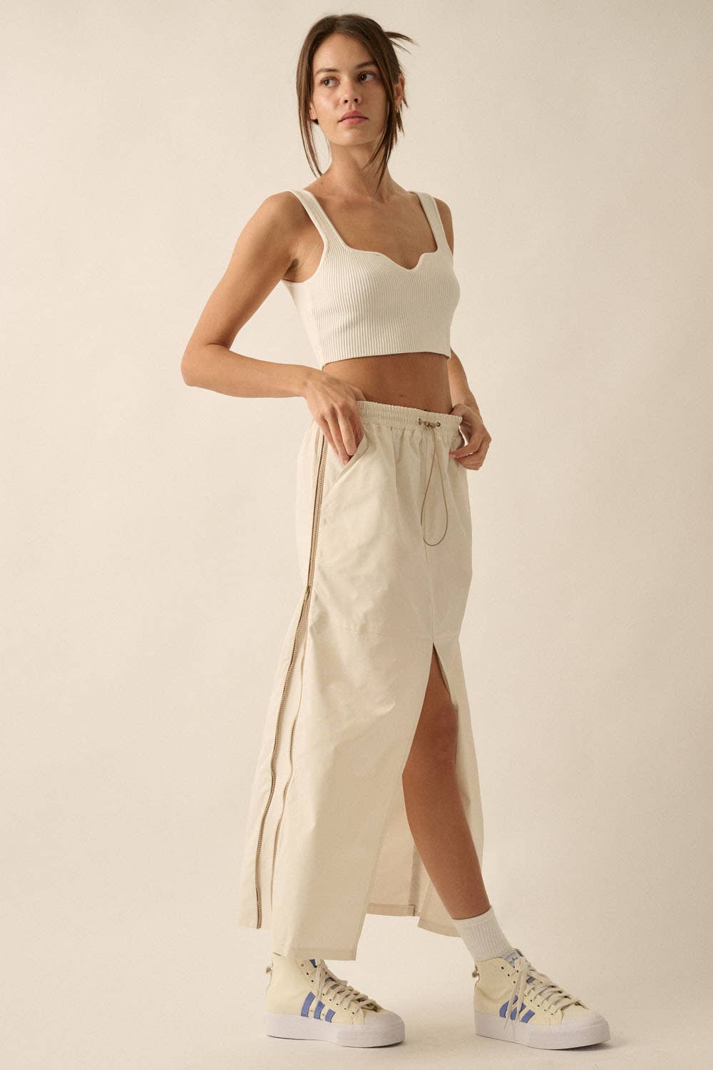 Cream Side-Zip Piping-Trimmed Drawstring Midi Skirt for wholesale on Faire2