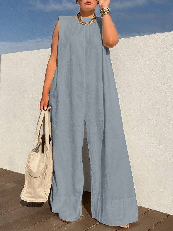 UZ Wholesale Store - Wholesale Jumpsuit - Dames - Mouwloze jumpsuits met wijde pijpen in effen kleur3