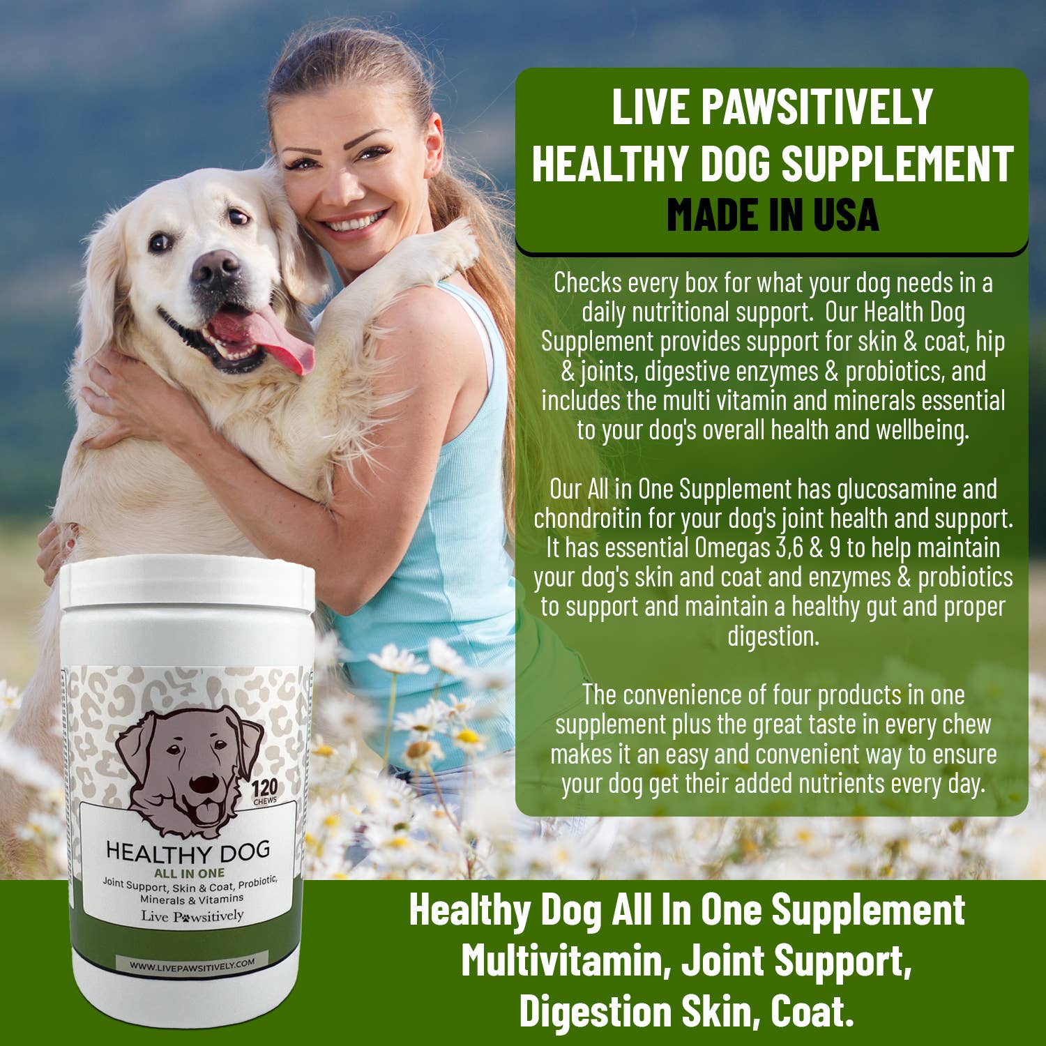 Live Pawsitive - Vente Compléments alimentaires – chien - Complément alimentaire à mâcher pour chien Healthy Dog All in One, fabriqué aux États-Unis2