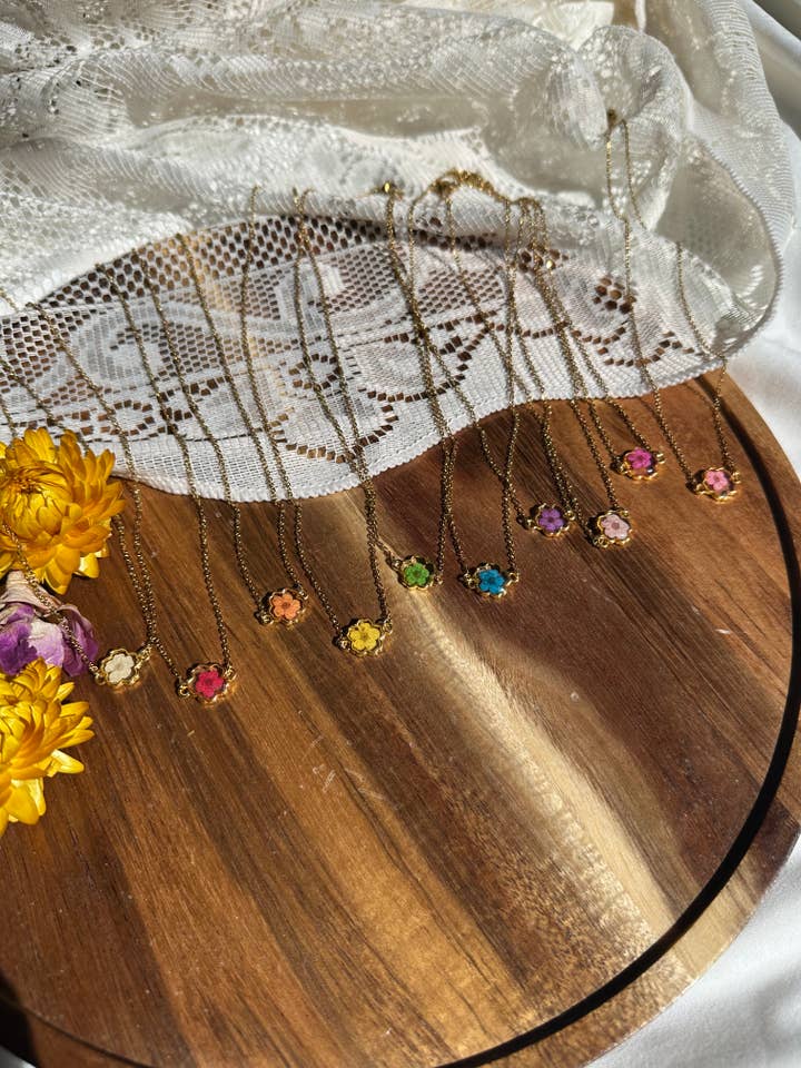 Real Flower Necklace (gold flower bezel) for wholesale by Lucky Lucky Studios