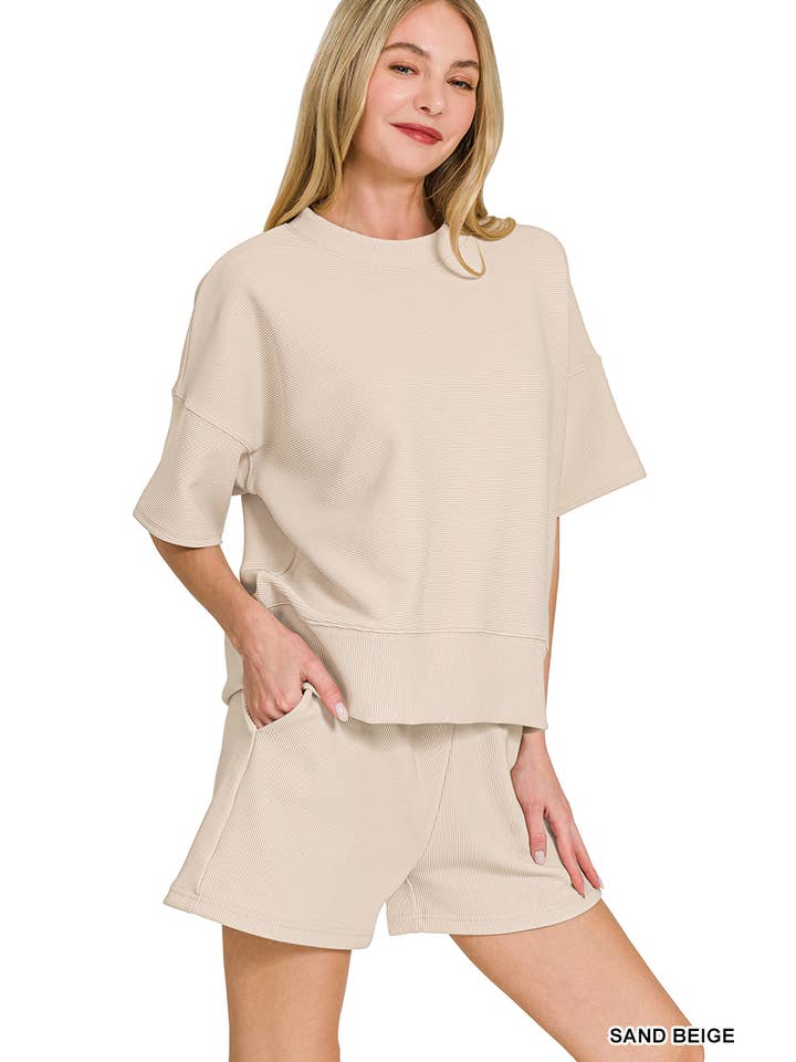 42POPS - Wholesale Lounge Set - Women's - ....SI-27738 Ribbed Round Neck Waist Banded Tee & Shorts 2PC Set