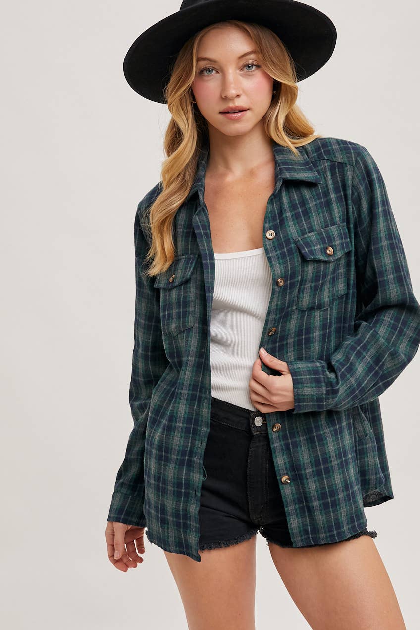 Bluivy - Wholesale Shirt - Women's - BUTTON DOWN PLAID SHIRT WITH POCKETS - 4TH OF JULY24