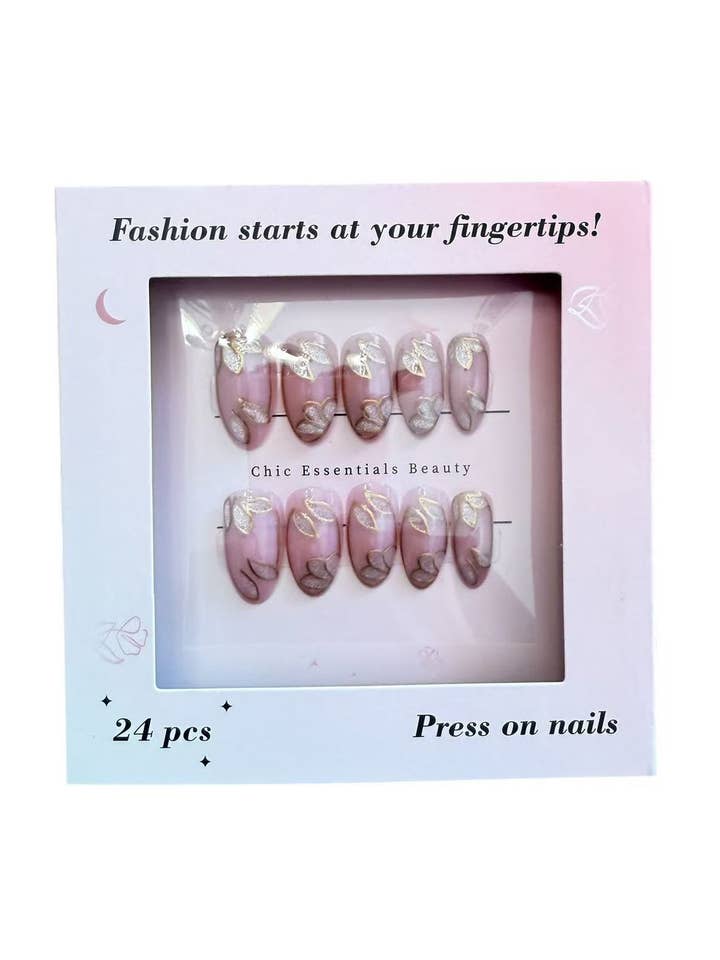 Soft Pink Gold Foil Press-On Nails – Oval, 24 pcs for wholesale by Chic Essentials Beauty
