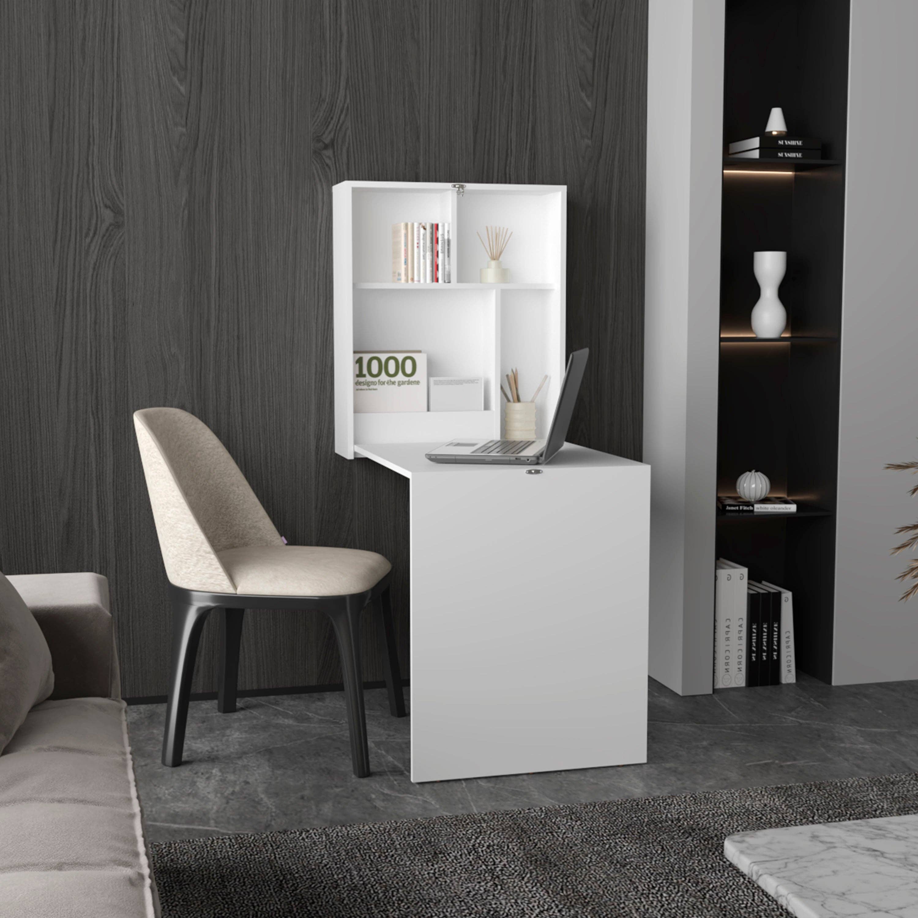 Vit Kaplar 33 ”brett x 23" djupt hopfällbart bord med fyra hyllor, flytande bord, infällbart bord, flytande skrivbord, strykbord vit för wholesale på Faire0