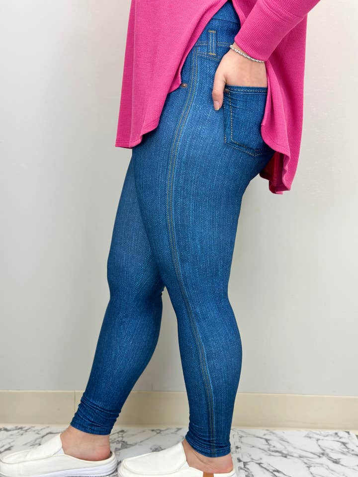 Leggings in denim blu con tasche sul sedere per la vendita all'ingrosso da parte di TL Clothing