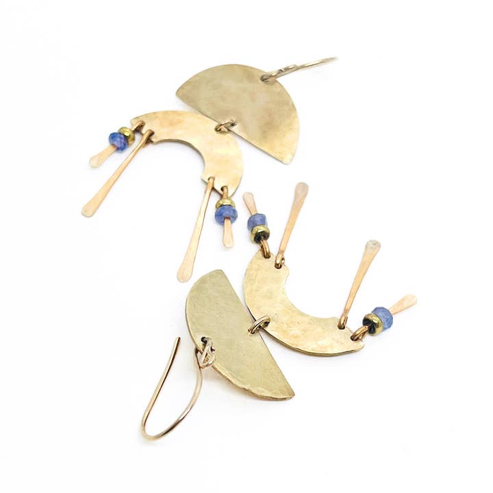 Gold Moon Chime Duo Earrings with Tanzanite for wholesale by TRACI MOYO DESIGNS