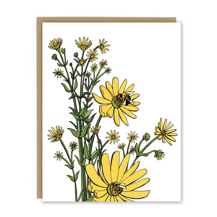 Colorful Yellow Cup Plants with Bees Greeting Card for wholesale by Sloe Gin Fizz