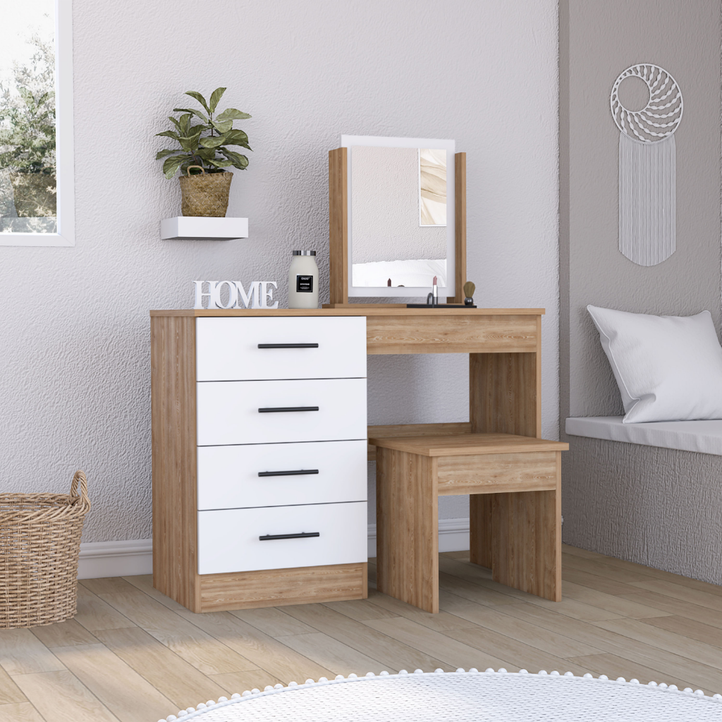 TuHome Concept – Mobília de quarto por atacado – Mesa de maquiagem Seul com espelho, 4 gavetas e banqueta13