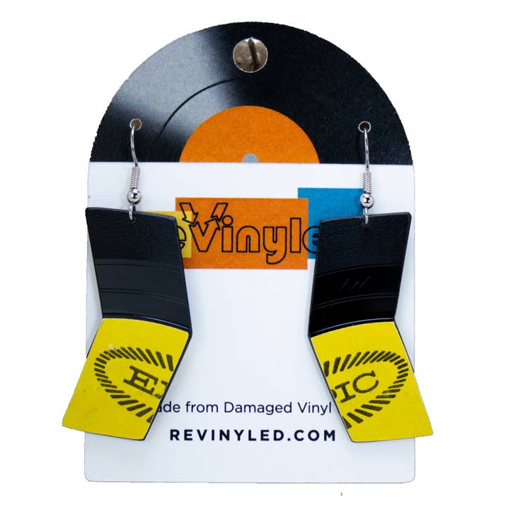 Upcycled Vinyl Record Earrings - Medium Dangle - Angle for wholesale by reVinyled