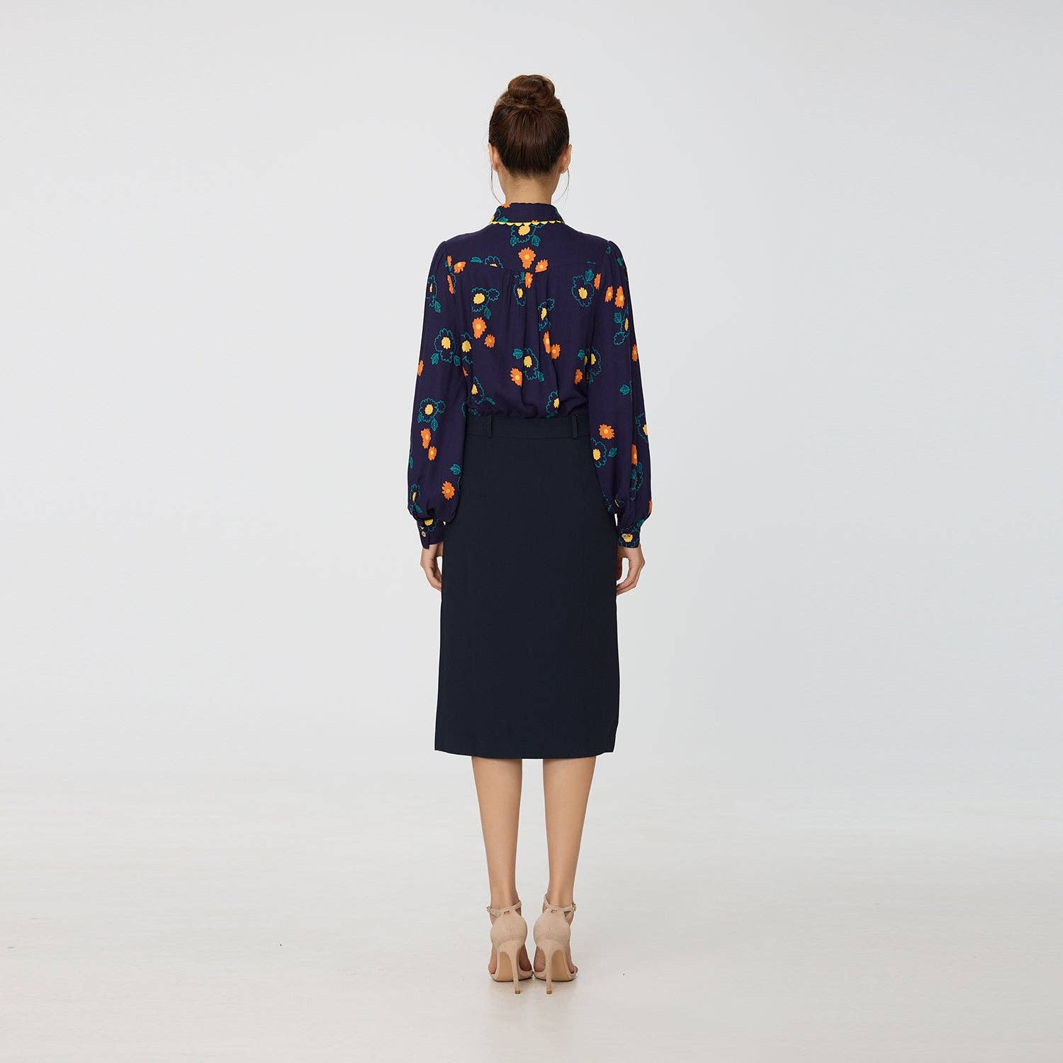 Navy Blue Abstract floral print shirt with contrasting trim for wholesale on Faire4