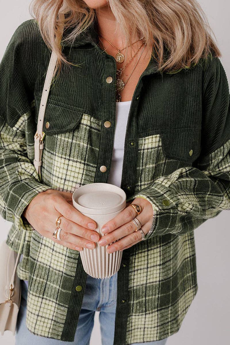 GREEN Plaid Corduroy Button-Up Shirt for wholesale on Faire1