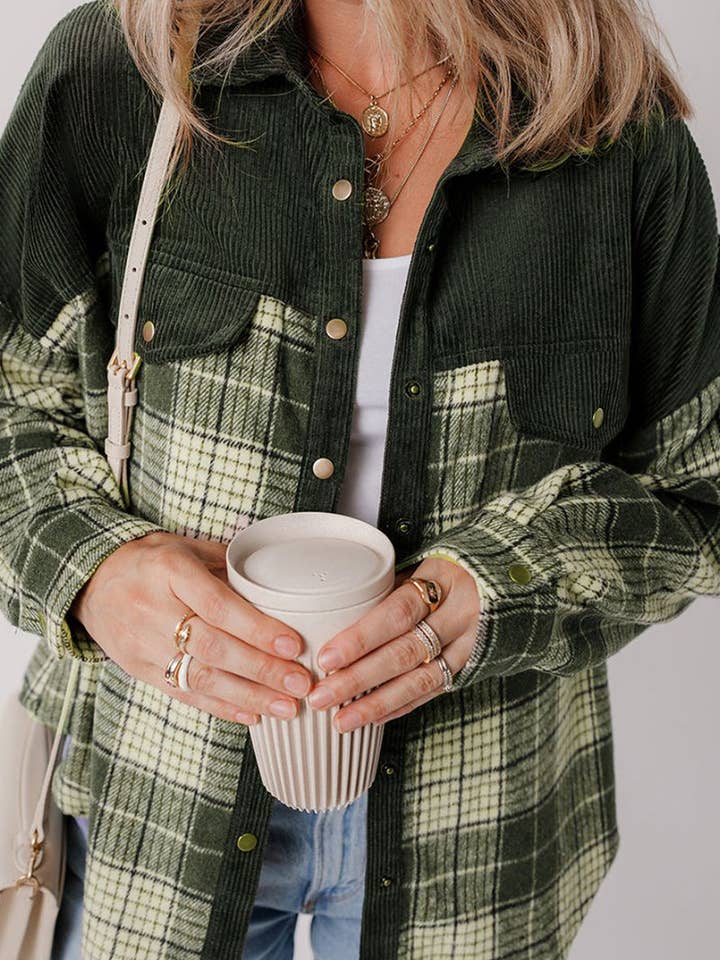 GREEN Plaid Corduroy Button-Up Shirt for wholesale on Faire1
