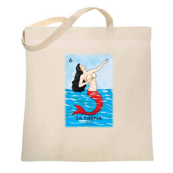 Pop Threads – wholesale Tote bag – Women's – La Sirena Mermaid Loteria Card Mexican Bingo Tote Bag