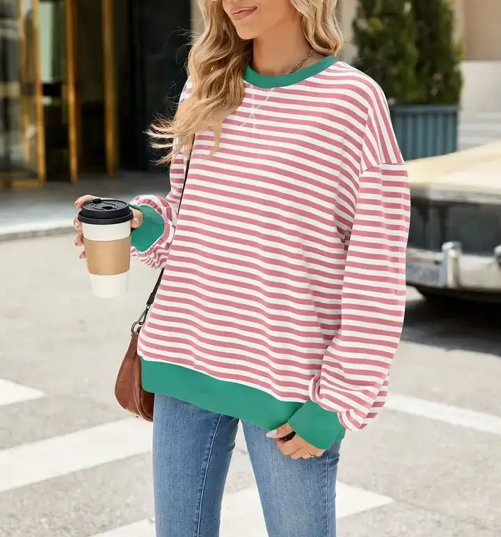 Lovesoft - Wholesale Knit Sweater - Women's - Striped Crew Neck Contrast Color Loose Long Sleeve Sweater33
