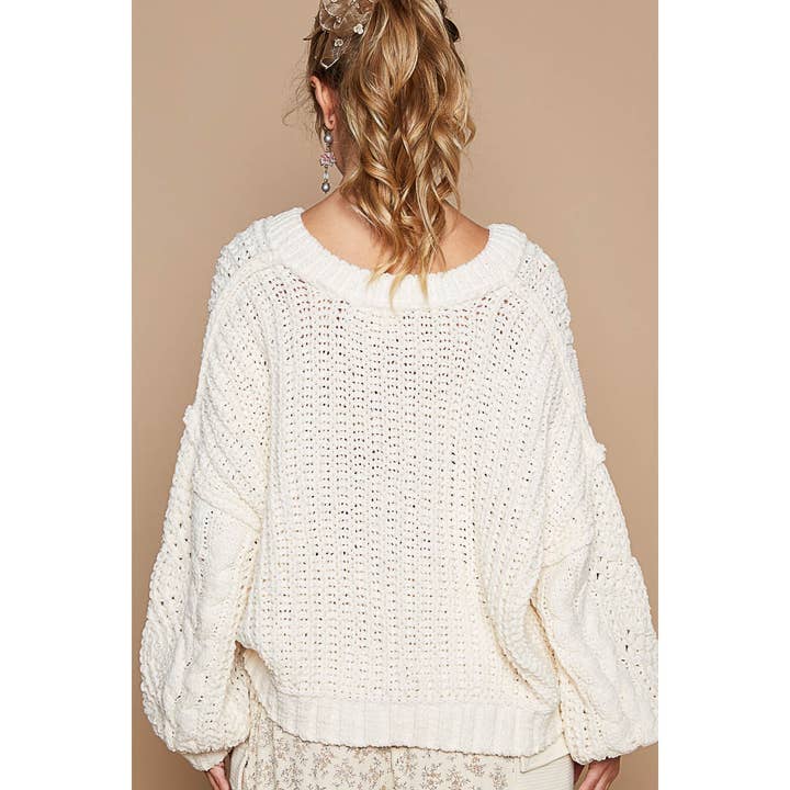 Apolline - Wholesale Knit Sweater - Women's - Overlay V Neck Balloon Sleeve Semi-Cropped Top in Chenille S