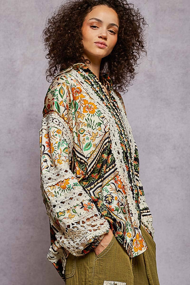 Pol Clothing - Wholesale Button Down Shirt - Women's - Balloon Sleeve Trim See-through Floral Printed Shirt Top14