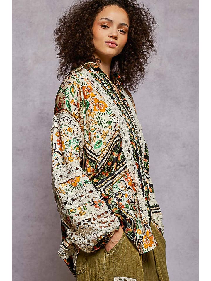 Pol Clothing - Wholesale Button Down Shirt - Women's - Balloon Sleeve Trim See-through Floral Printed Shirt Top14