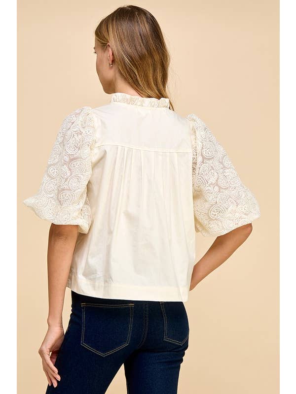 TCEC - Wholesale Blouse - Women's - CT9170-Bubble Sleeves Lace Button Up Top