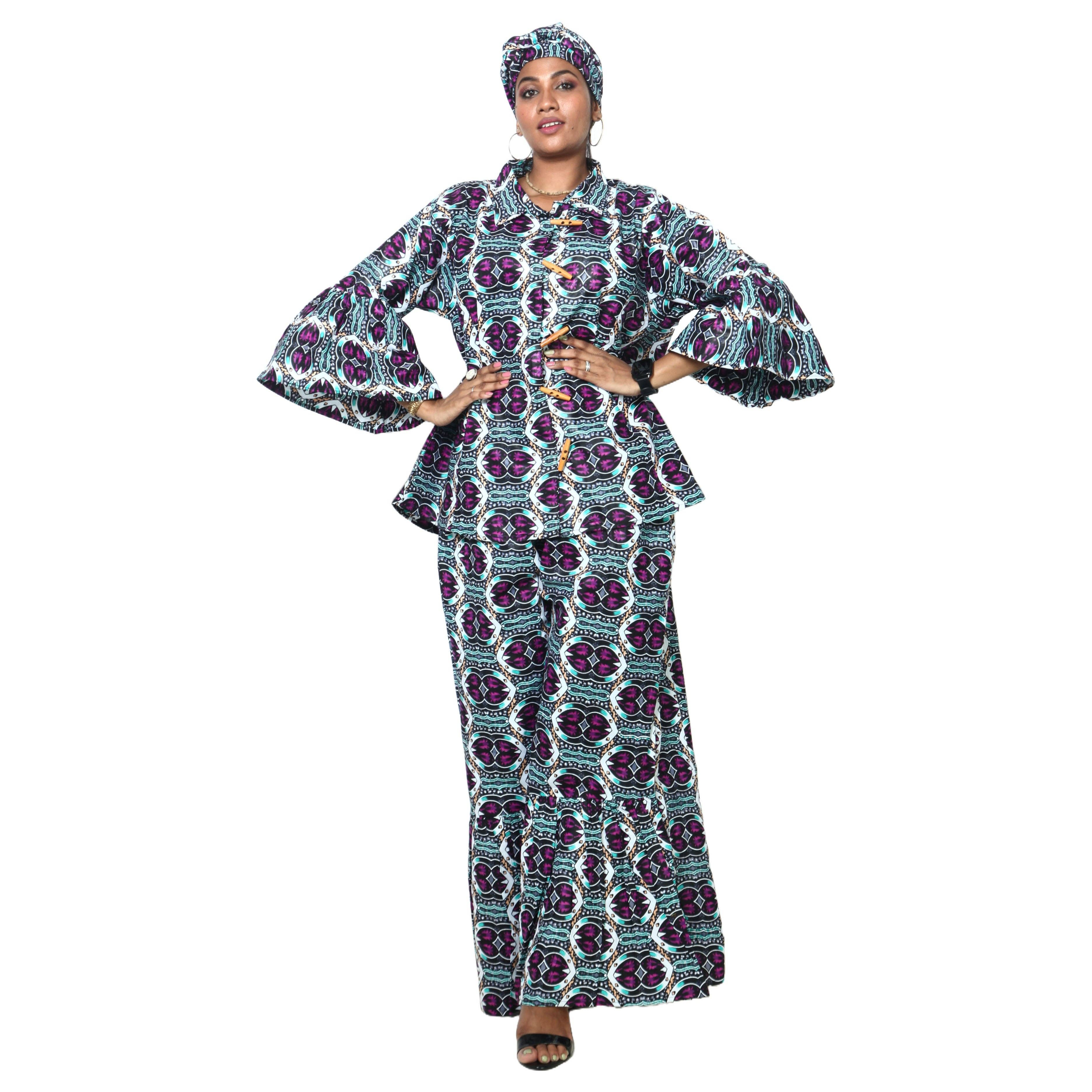 African Stars - Vente Ensemble haut et pantalon (PAS d'intérieur) - Femme - Ensemble Chemisier Femme et Pantalon Palazzo -- Imprimé FI-405018