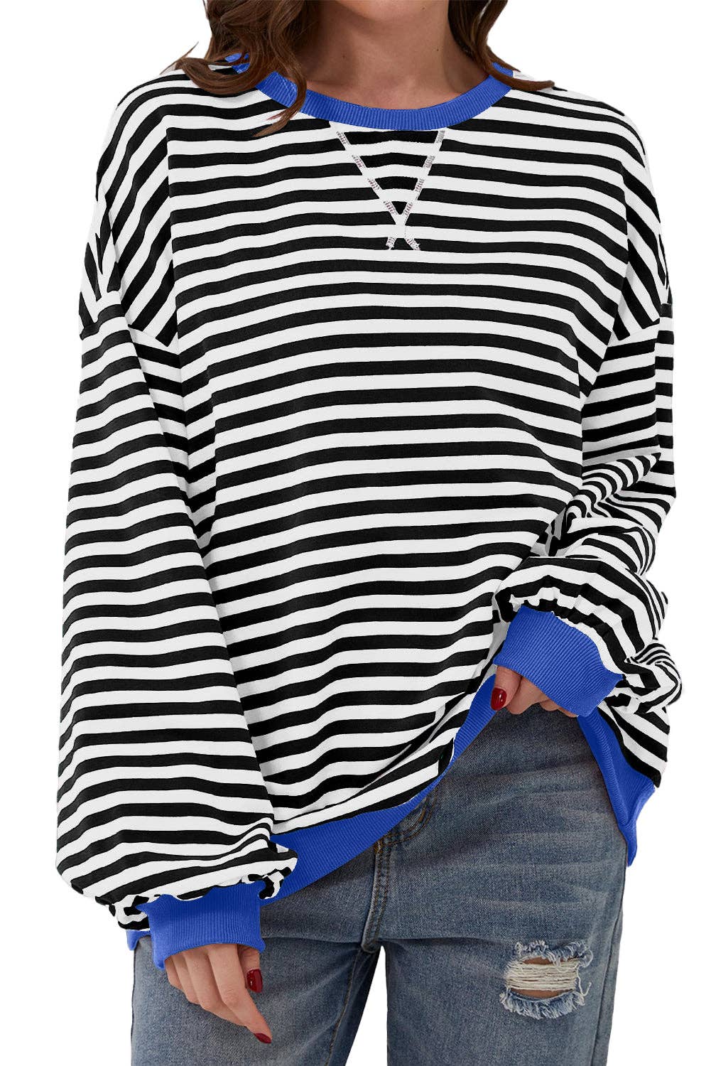 Amaryllis Apparel - Wholesale Sweatshirt - Women's - Stripe Oversized Contrast Trim Pullover Sweatshirt12
