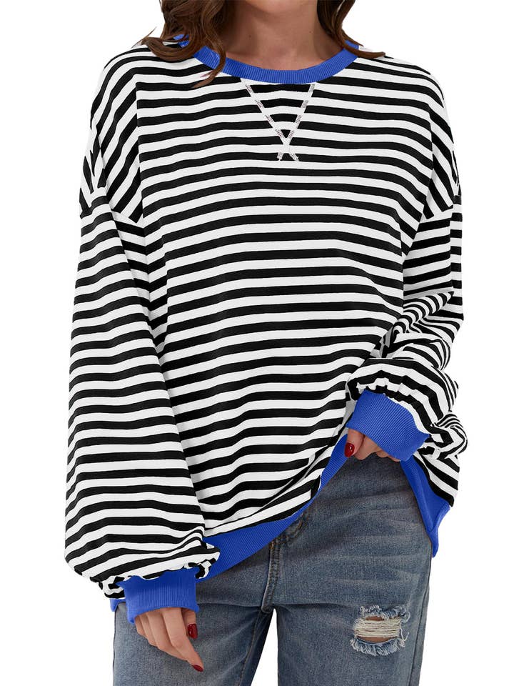 Amaryllis Apparel - Wholesale Sweatshirt - Women's - Stripe Oversized Contrast Trim Pullover Sweatshirt12