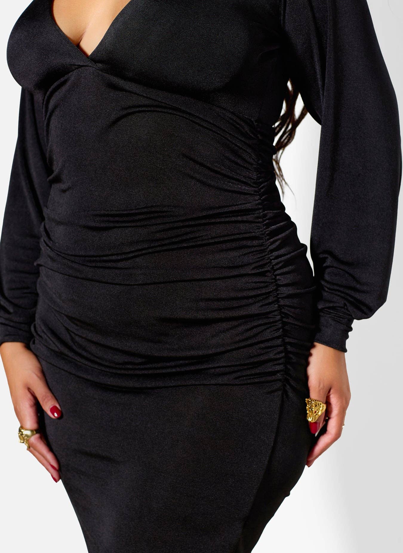 Black Gala Ruched Slinky Plunge Neckline Dress for wholesale on Faire4