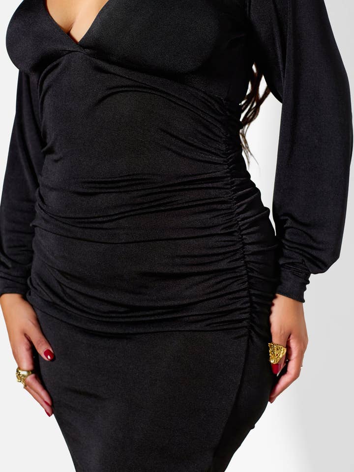 Black Gala Ruched Slinky Plunge Neckline Dress for wholesale on Faire4