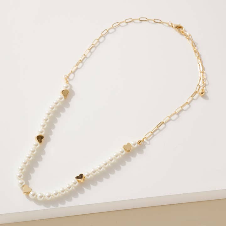 Glass Pearl Bead with Heart Brass Charm Station Necklace for wholesale by StarryNYC