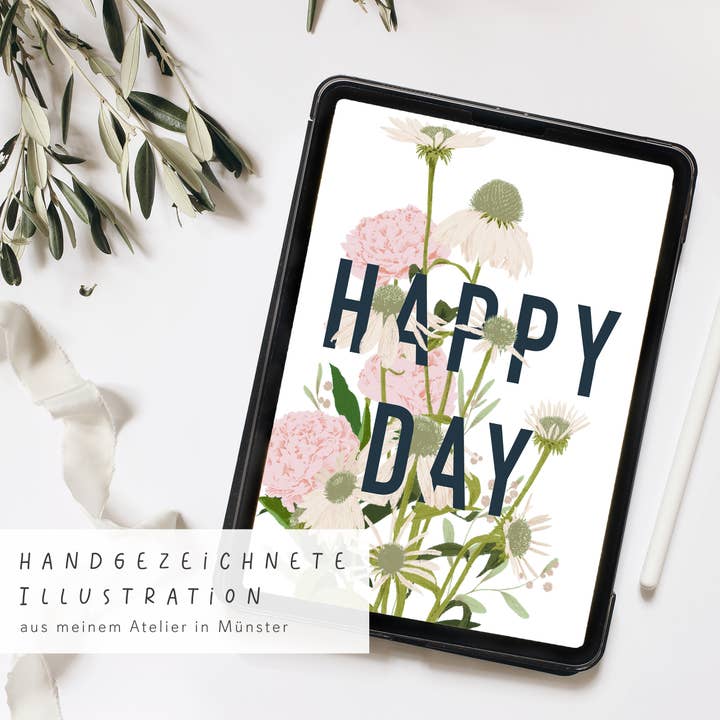 Wildblumen Atelier - Wholesale Postcard - Happy Day lettering postcard with flowers, FSC certified2