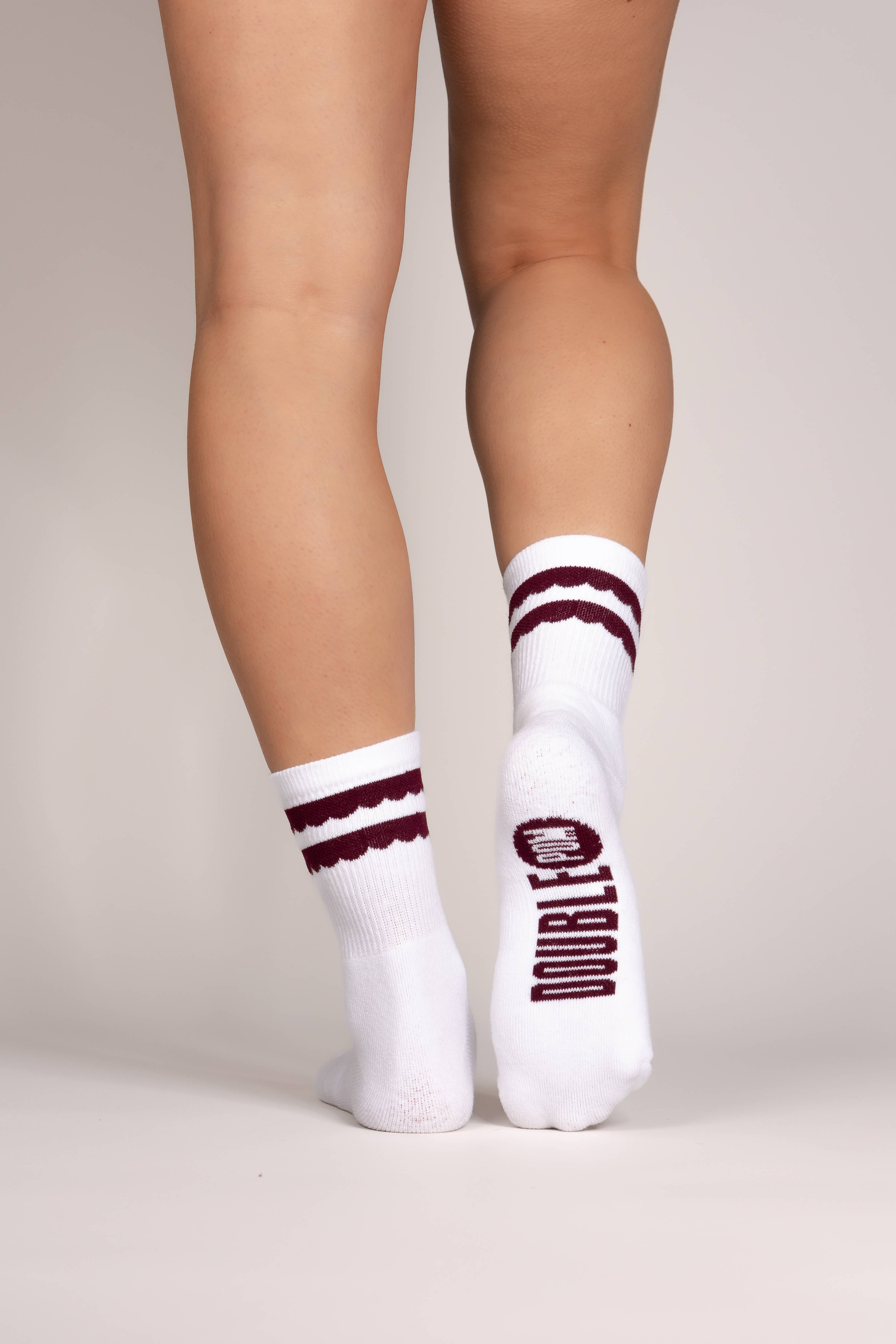 Double Pom - Wholesale Socks - Unisex - White Athletic Crew Sock w/ Double Maroon Scallops1