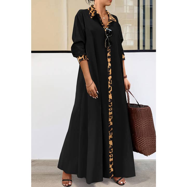 BLACK Plus Size Leopard Print Elegant Long Sleeve Dress for wholesale on Faire0