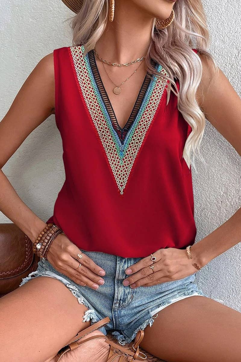 Lily Clothing - Wholesale Blouse - Women's - MULTICOLOR LACE V NECK SLEEVELESS BLOUSE_CWTBLSL002513