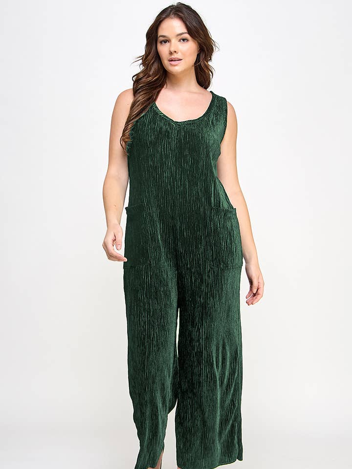 Plus Size / Regular Velvet Plisse Overall Jumpsuit - JK18522 for wholesale by Haute Fox Plus Size & Contemporary
