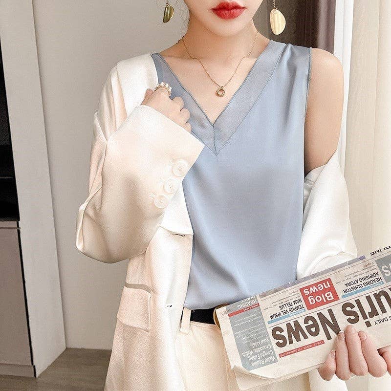 UZ Wholesale Store - Wholesale Tank Top - Women's - Sweet V-Neck Wide Strap Tank Top With Mesh Splice5