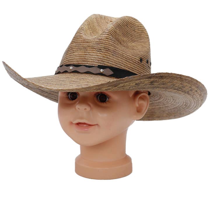 Cap Zone - Wholesale Cowboy Hat - Kids - Kids Eyeleted Gus Crown Palm Straw Cowboy Hat