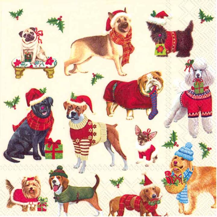 Boston International - Wholesale Disposable Napkin - Paper Cocktail Napkins Pack of 20 Christmas Dogs