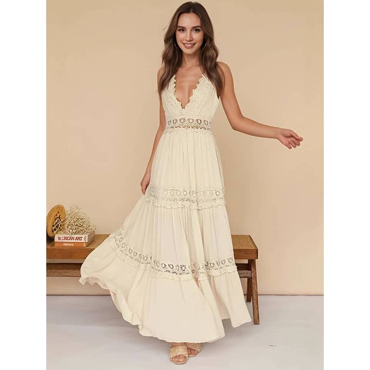 Deep V-Neck Lace Paneled Maxi Dress for wholesale by BELLISSIMA FASHION