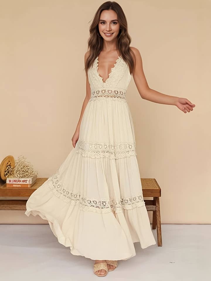 Deep V-Neck Lace Paneled Maxi Dress for wholesale by BELLISSIMA FASHION