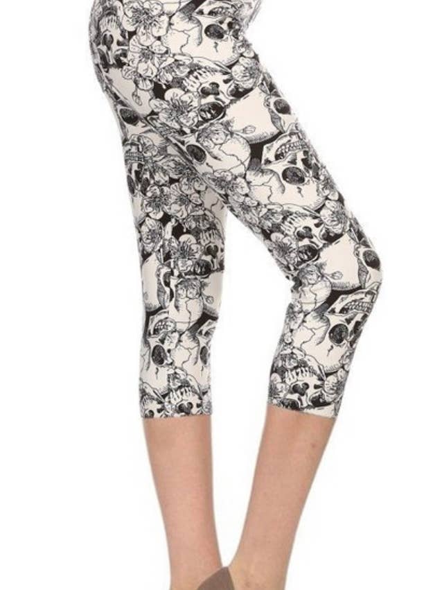 Halloween CAPRI Kurvige Leggings mit Totenköpfen, Schwarz und Weiß für den Großhandel von Love 4 Leggings