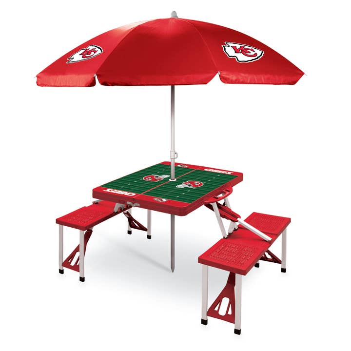 Kansas City Chiefs Picnic Table with Seats and Umbrella for wholesale by Picnic Time Family of Brands