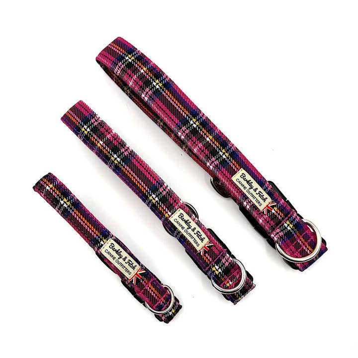 Bright Pink Tartan Dog Collar for wholesale by Barkley and Fetch
