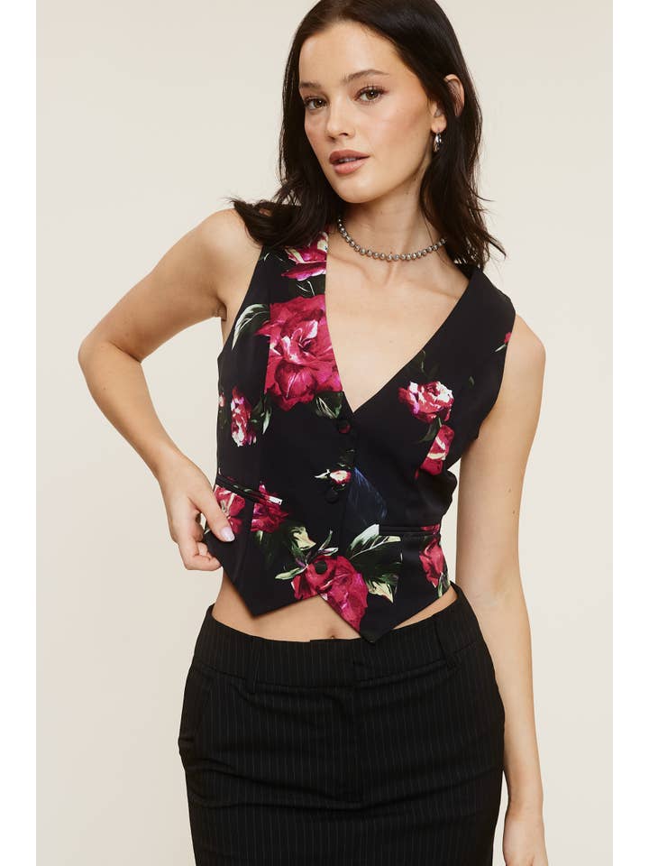 MT1594 SATIN EFFECT ROMANTIC ROSE PRINT VEST for wholesale on Faire