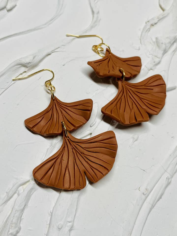 ginkgo leaves polymer clay statement earrings for wholesale by Sunblind Fine Art + Wearables