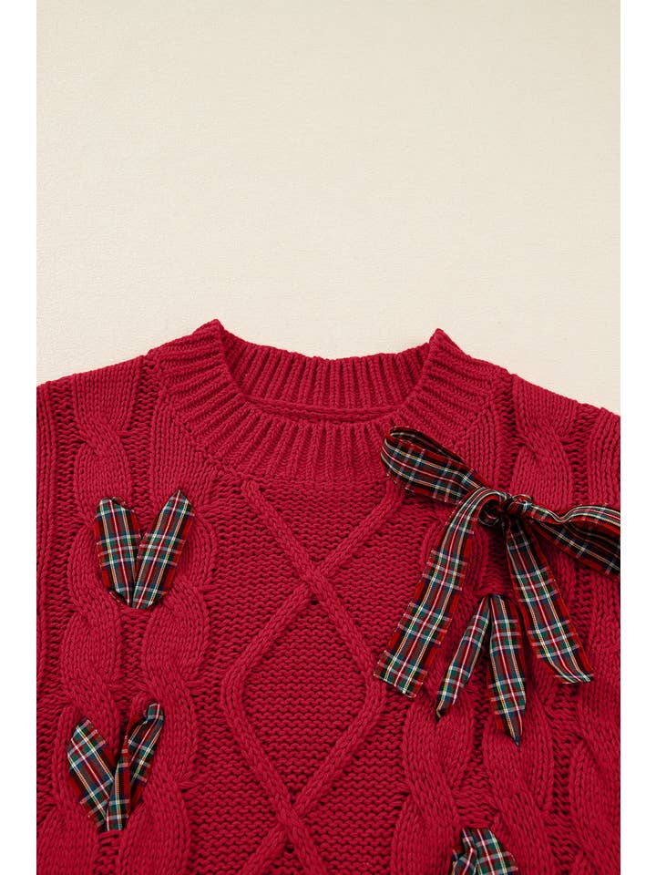 Fiery Red Christmas Plaid Lace-Up Puff Sleeve Sweater for wholesale on Faire3