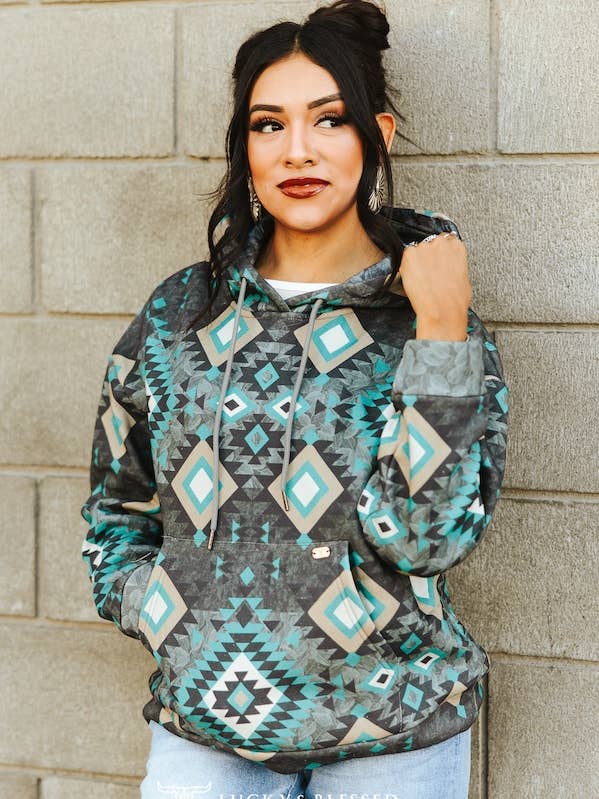 Plus Size Black Vintage Aztec Printed Drawstring Hoodie for wholesale by LUCKY & BLESSED