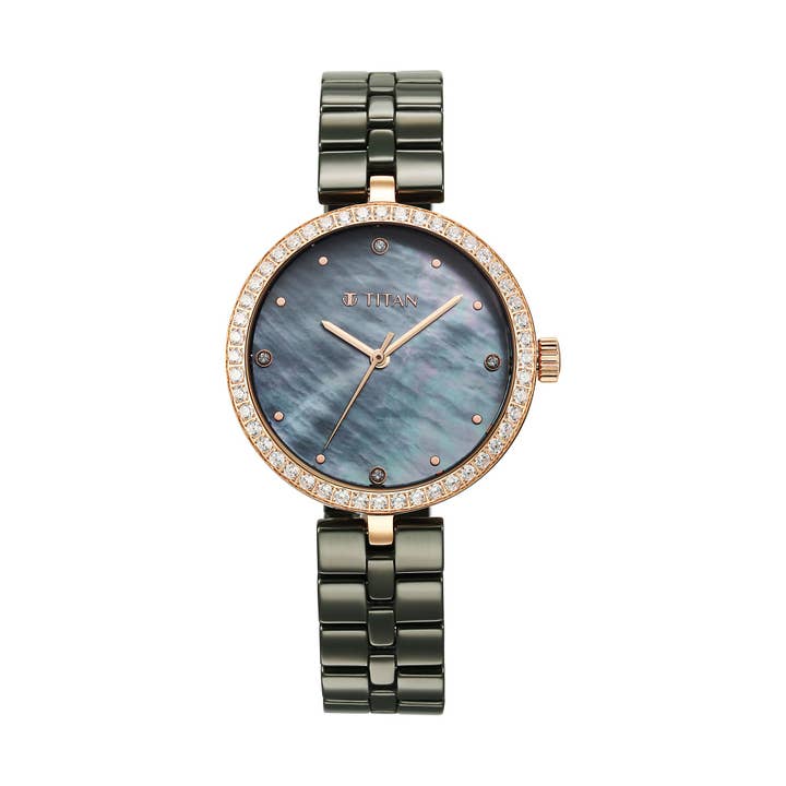 Titan Purple Ceramics Quartz Analog Mother of Pearl Dial Green Ceramic Strap Watch For Women for wholesale by Titan