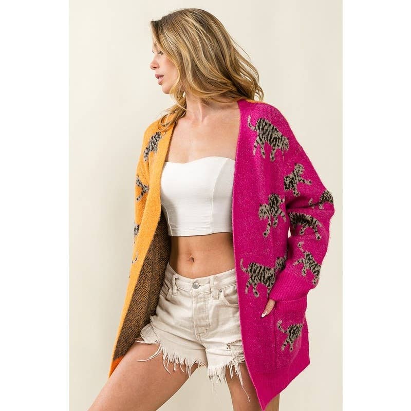 IVE - Vente Cardigan – femme - CARDIGAN À COL EN V À MOTIF TIGRE ET POCHES PLAQUÉES4