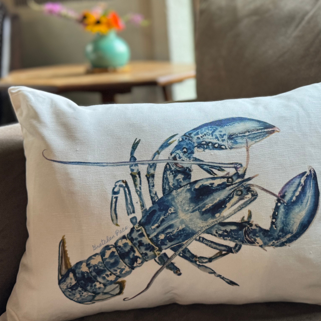 Goose and Willow - Wholesale Lumbar Pillow - Throw Pillow - Blue Lobster Facing Right on White Linen Cotton Lumbar1