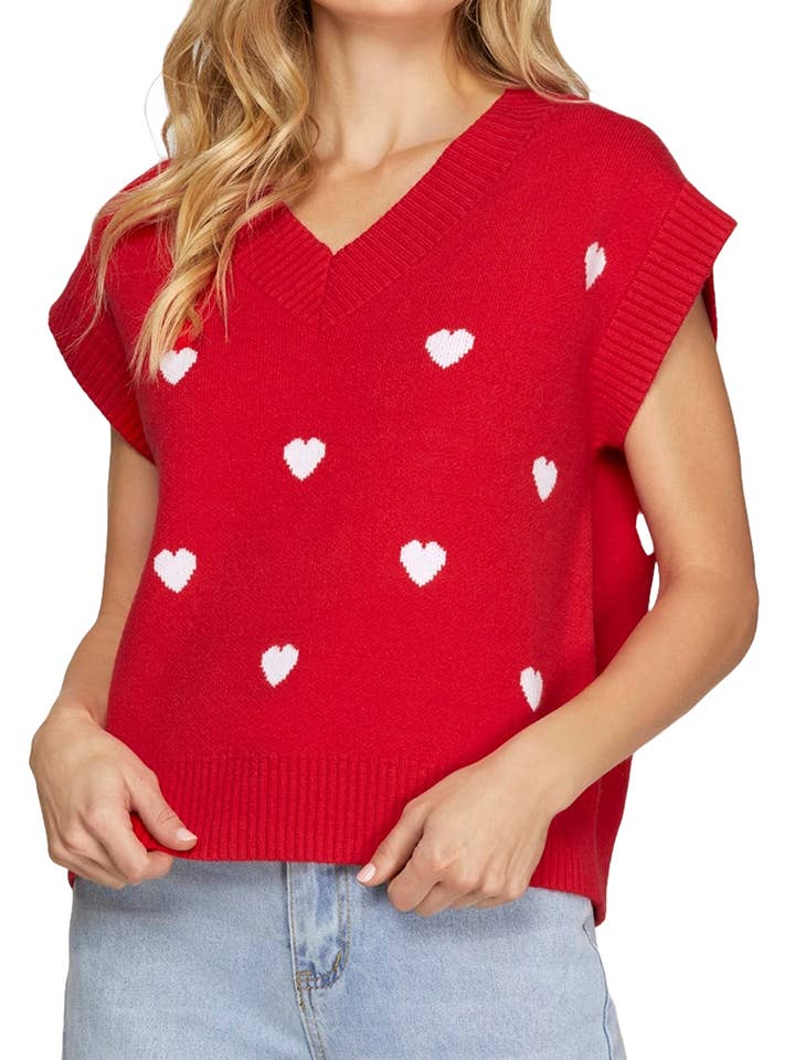 V Neck Heart Pattern Knit Sweater Vest for wholesale by Vanilla Monkey
