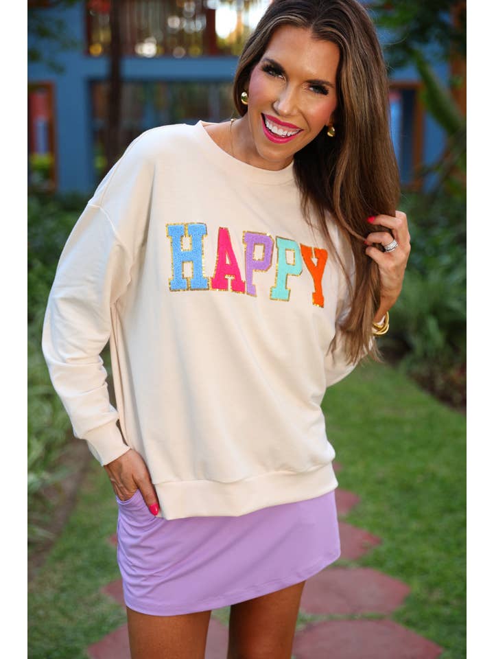 Taupe Happy Patch Pullover for wholesale on Faire5